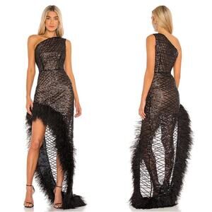 BRONX AND BANCO Lola Sequin Embellished Feather Hem One Shoulder Maxi Dress Sz S